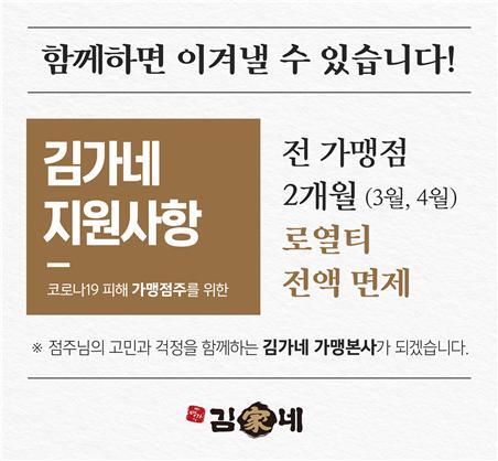 김가네, 코로나19 위기 극복 동참…가맹점 2개월 로열티 면제 지원